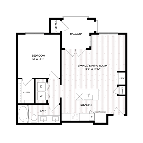 Floor plan for 1 bed, 1 bath, 772 sqft